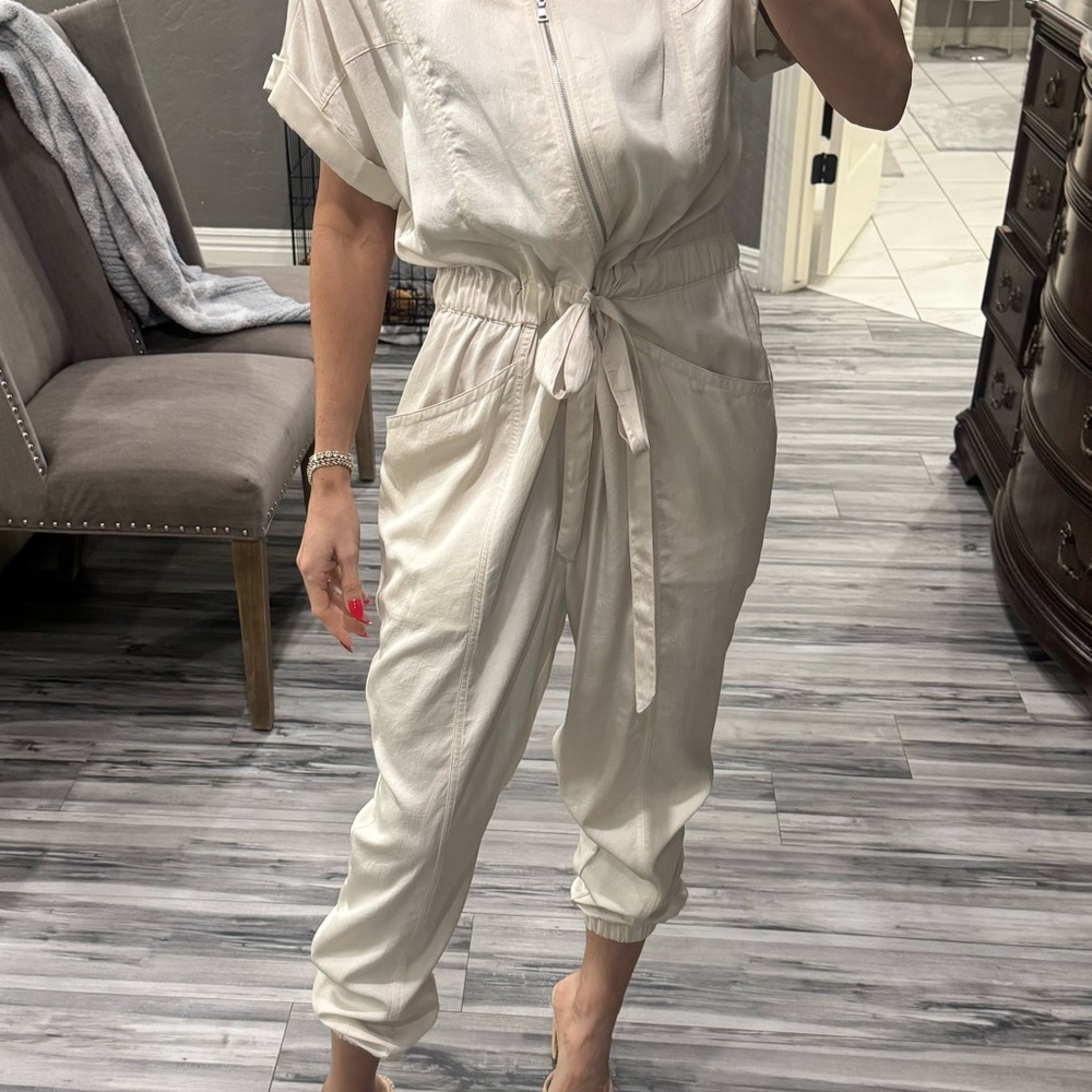 Express Cream Tie-Waist Utility Jumpsuit